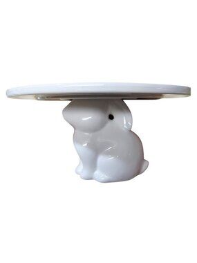 White Earthenware Bunny Pedestal Stand Dessert Cake Plate Spring Crazing